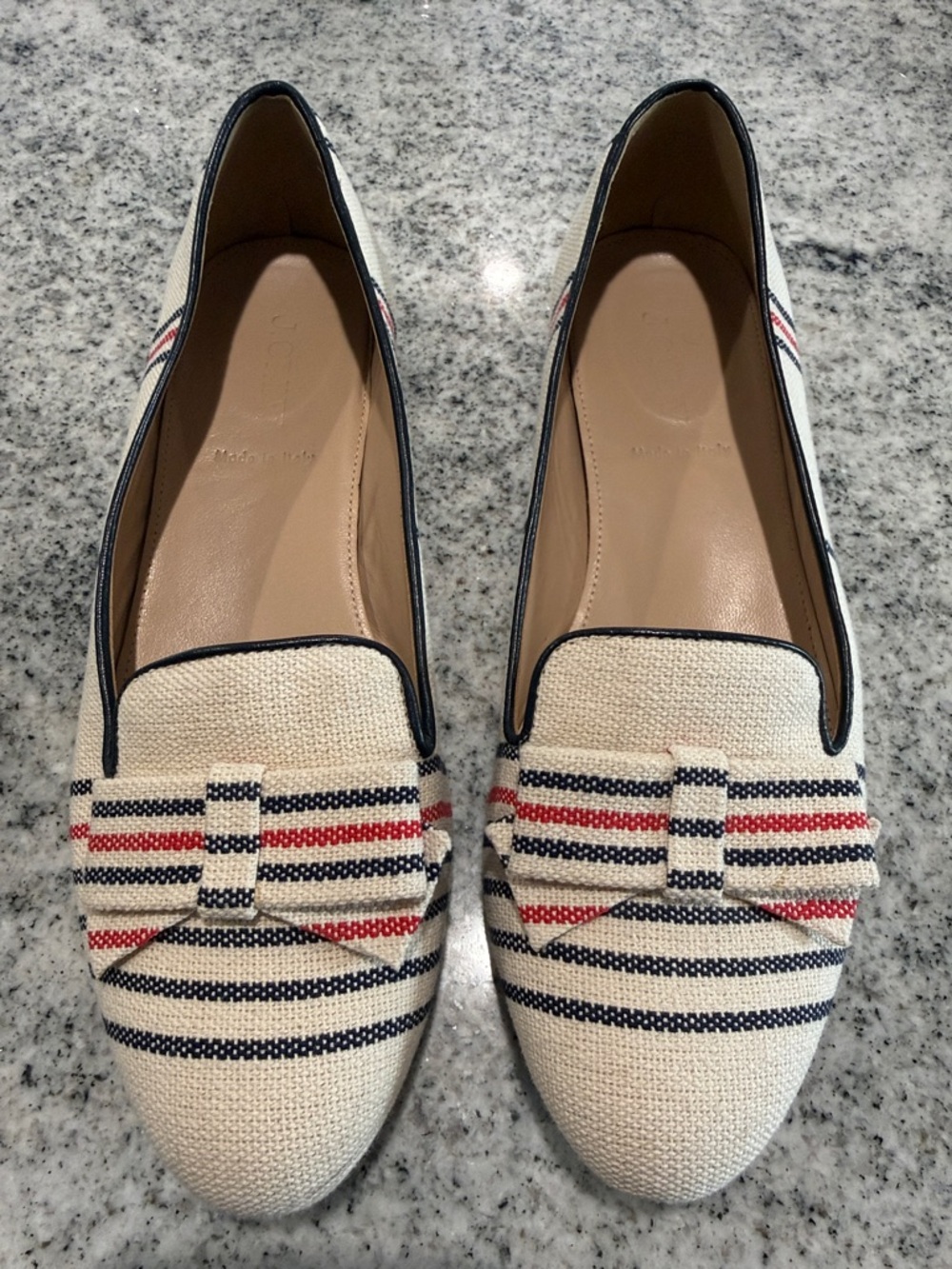 J. Crew Cream Striped Bow Loafers with Navy and Red Accents